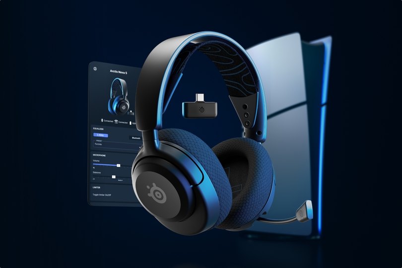 An Image showing Arctis Nova 5 with phone and PS console in the background.