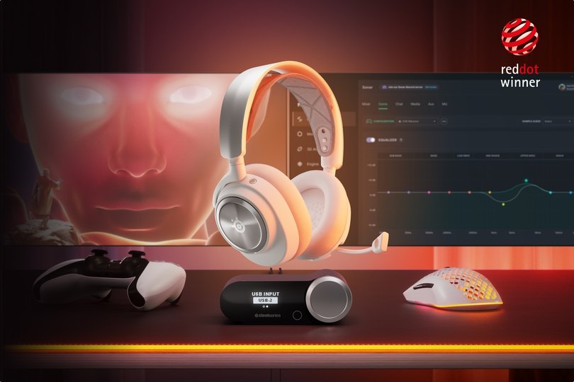 An Arctis Nova pro hoovering above the desk and gaming setup.