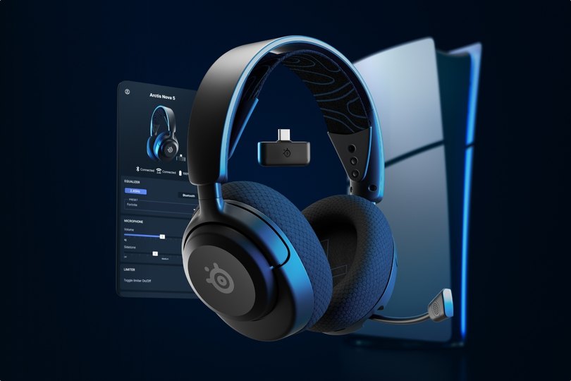 An Image showing Arctis Nova 5 with phone and PS console in the background.