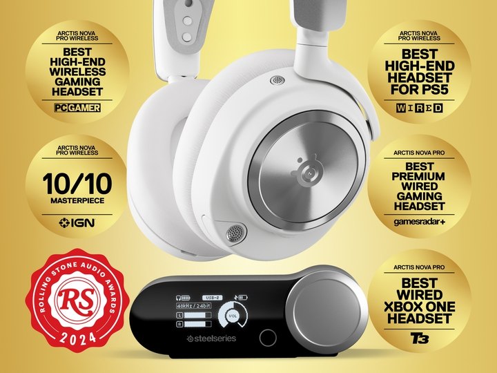 An Arctis Nova Pro Wireless gaming headset lays against an background of gold award badges. 
1st gold badge with text reads: "Arctis Nova Pro Wireless: Best Wireless Headset Splurge" from tom's hardware. 
2nd gold badge with text reads: "Arctis Nova Pro Wireless: Best Gaming headset," from Dexerto.
3rd gold badge with text reads: "Arctis Nova Pro Wireless: Best high-end wirelesss gaming headset," from PC Gamer.
4th gold badge with text reads: "Arctis Nova Pro: Best Wired Gaming Headset," from Wired.
5th gold badge with text reads: "Arctis Nova Pro Wireless: Best Premium Gaming Headset," from Gamespot.
6th gold badge with text reads: "Arctis Nova Pro Wireless: Best Gaming Headset," from IGN.
7th gold badge with text reads: "Arctis Nova Pro Wireless: 10/10 Masterpiece," from IGN.
8th red badge with text reads: "Rolling Stone Audio Awards: 2023."
9th gold badge with text reads: "Arctis Nova Pro Wireless: Best Gaming Headset," from Tom's Guide.
10th gold badge with text reads: "Arctis Nova Pro: The Best PC Gaming Headset," from Tech Radar.
11th gold badge with text reads: "Arctis Nova Pro Wireless: Best Wireless Gaming Headset," from EuroGamer.
12th gold badge with text reads: "Arctis Nova Pro: Best Wired Xbox One Headset," from T3.
13th gold badge with text reads: "Arctis Nova Pro Wireless: Best Premium PC Gaming Headset," from Techradar.
14th gold badge with text reads: "Arctis Nova Pro: Best Gaming Headset," from Tom's Hardware. 
15th gold badge with text reads: "Arctis Nova Pro Wireless Xbox: Best Gaming Headset," from Rtings.
16th gold badge with text reads: "Arctis Nova Pro Wireless: Best Wireless Gaming Headset," Windows Central.