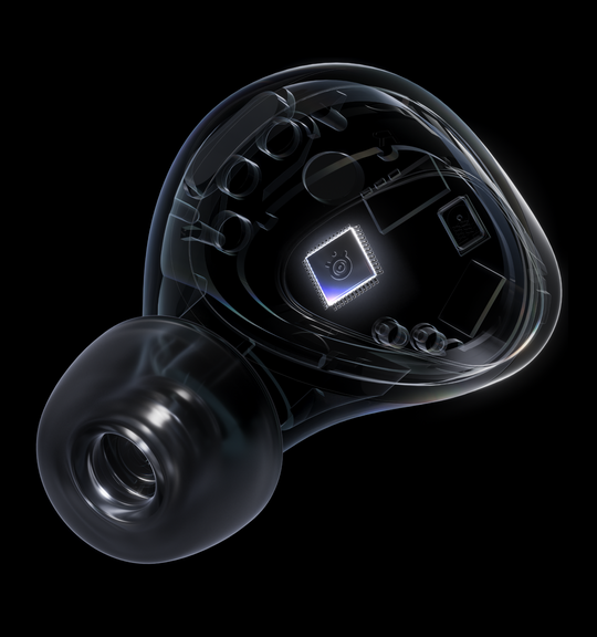 An image showing the Gamebuds' internal components with the chipset highlighted.