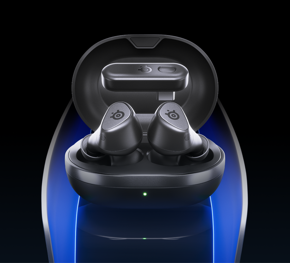 Image of Gamebuds with blue lights in the background.