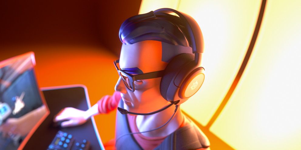 
 A character playing video games wearing an Arctis Nova 3 headset.
 